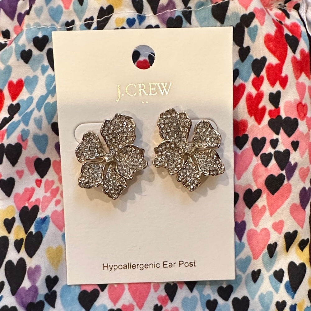 J. Crew Silver Floral Crystal Earrings